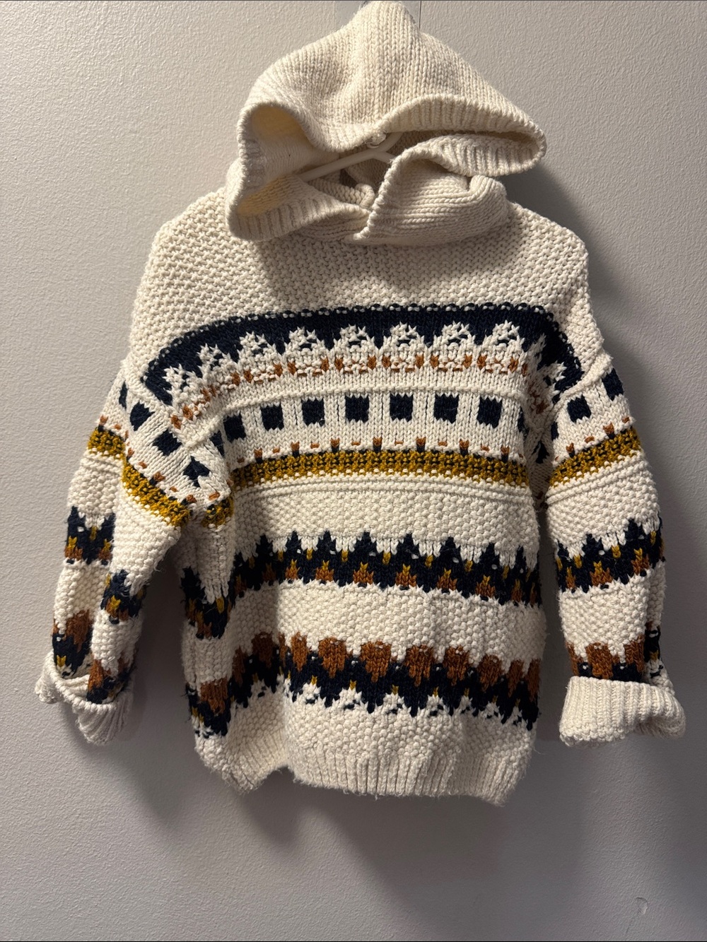 Zara Cream Hooded Fair Isle Knit with Navy & Brown Accents - Size 2-3 yrs